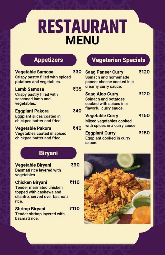 Bold Purple and Cream Indian Cuisine Restaurant Menu Template
