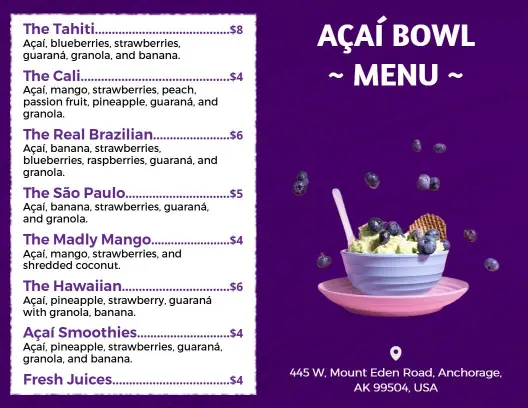 Bold Purple Themed Açaí Bowl Cafe Menu Template