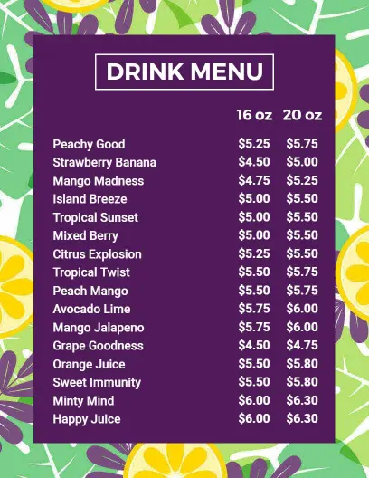Bold Purple Themed Refreshing Drink Menu Template