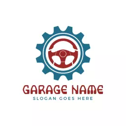 Bold Red and Blue Gear Design for Garage Services Logo Template