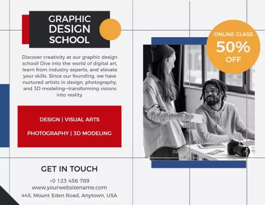 Bold Red and Blue Graphic Design School Class Brochure Template