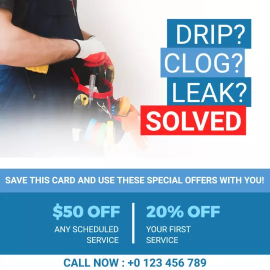 Bold Red and Blue Plumbing Offers for Leak and Clog Solutions Ad Template