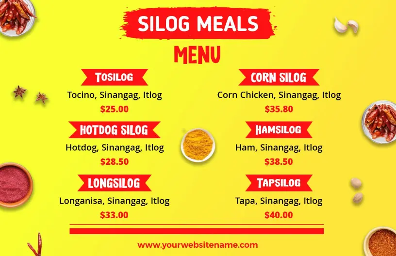 Bold Red and Yellow Filipino Silog Cuisine Menu Template