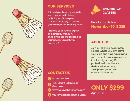 Bold Red Badminton Classes Skills Training Brochure Template