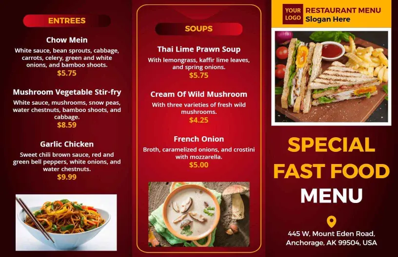 Bold Red Dessert and Pasta Special Fast Food Menu Template