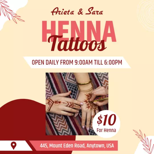 Bold Red Henna Tattoo Promotion with Pricing Details Ad Template