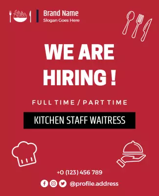 Bold Red Kitchen Staff Recruitment Waitress Poster Template