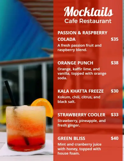 Bold Red Mocktail and Beverage Drink Menu Template