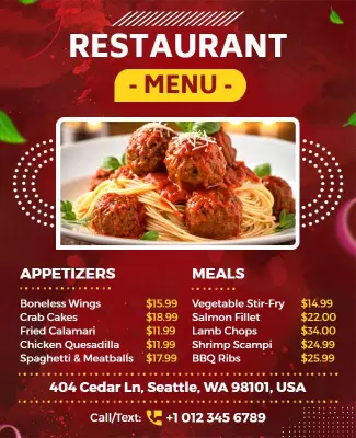 Bold Red Restaurant Menu with Delicious Pasta Dish Poster Template