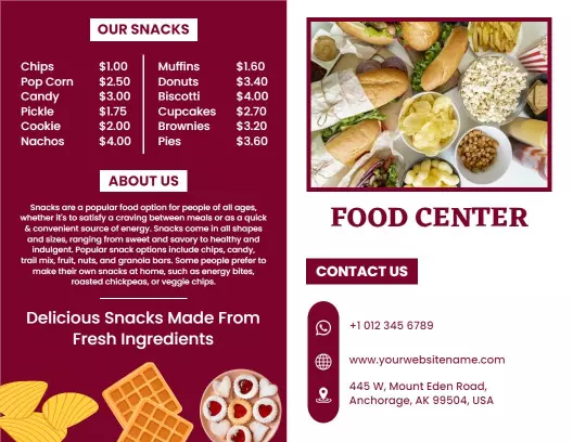 Bold Red Snack Menu and Food Center Offerings Brochure Template