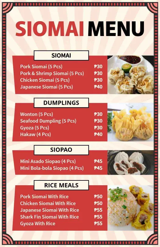 Bold Red Striped Background Siomai Rice Meals Menu Template