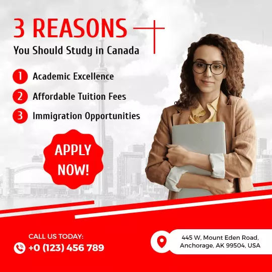 Bold Red Study in Canada Opportunities with Key Benefits Ad Template