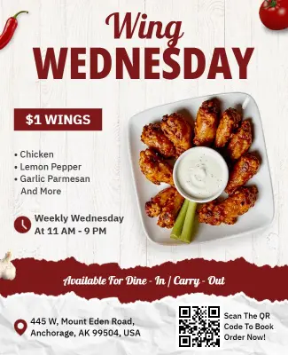 Bold Red Wing Wednesday Restaurant Promotion Flyer Template