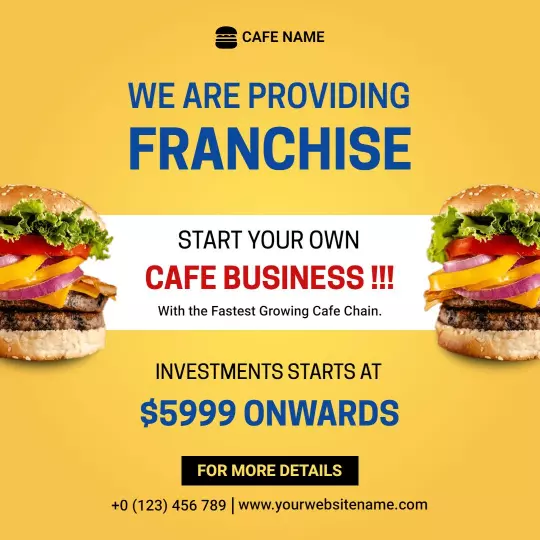 Bold Yellow Cafe Franchise Opportunity with Investment Details Ad Template