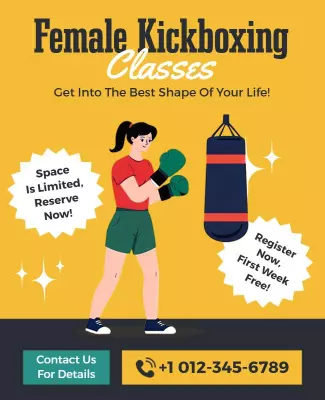 Bold Yellow Female Kickboxing Fitness Class Promotion Poster Template