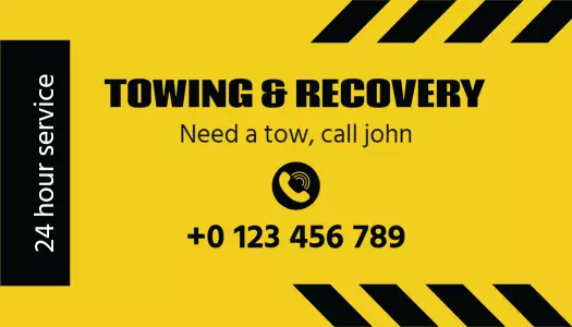 Bold Yellow Towing And Recovery Service Visiting Card Template
