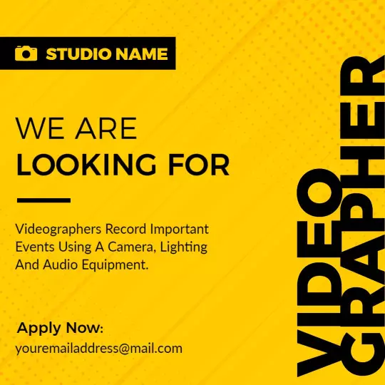 Bold Yellow Videographer Hiring Announcement Ad Template