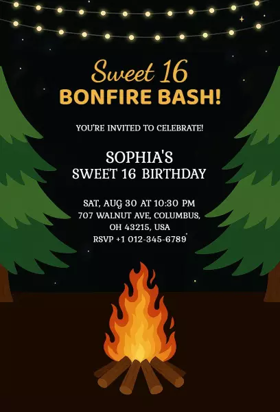 Bonfire Bash Celebration Sweet 16 Birthday Invitation Template