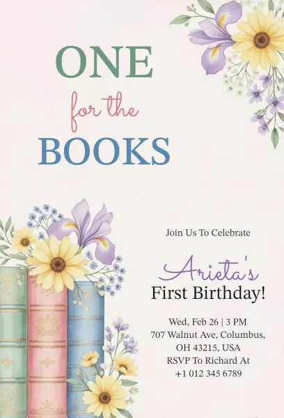Book-Themed Storybook First Birthday Celebration Invitation Template