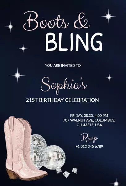Boots and Bling Glamorous 21st Birthday Celebration Invitation Template