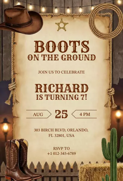 Boots on the Ground Cowboy Themed Birthday Invitation Template