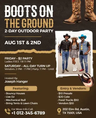 Boots on the Ground Two-Day Outdoor Party Event Flyer Template