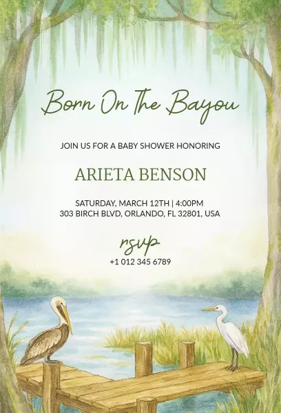 Born On The Bayou Nature-Themed Baby Shower Invitation Template