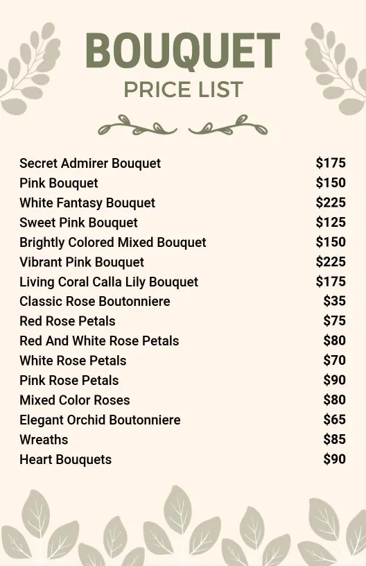 Botanical Beige Rose Bouquet Price List Template
