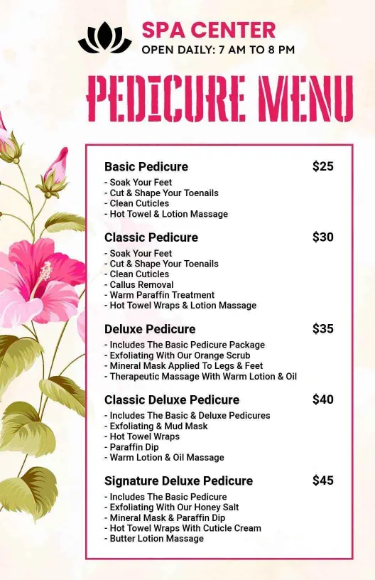 Botanical Pink Themed Pedicure Service Menu Template