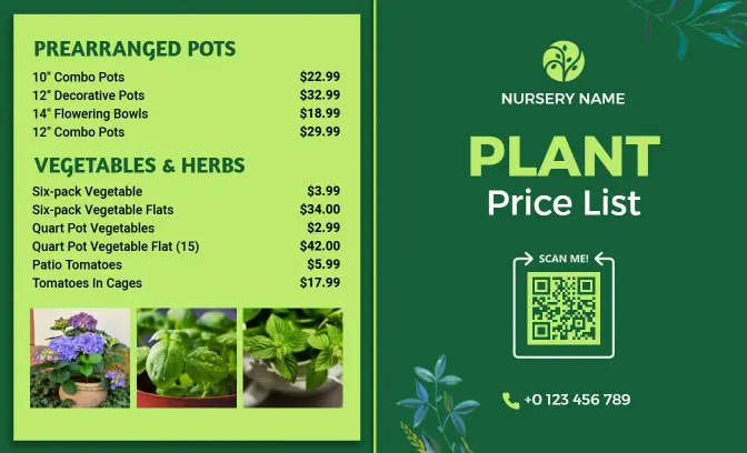 Botanical Style Decorative Pots Plant Price List Template