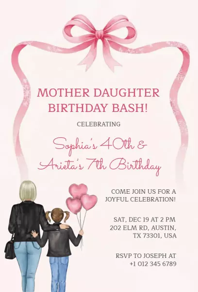 Bow Themed Mother Daughter Birthday Bash Invitation Template