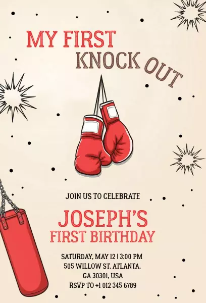 Boxing Knockout Fun 1st Birthday Celebration Invitation Template