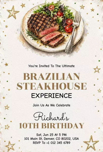 Brazilian Steakhouse 10th Birthday Celebration Invitation Template