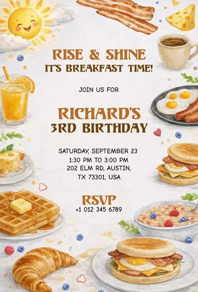 Breakfast Bash Fun 3rd Birthday Celebration Invitation Template