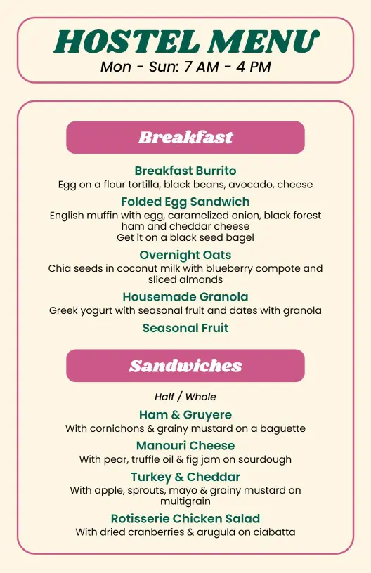 Breakfast Burritos and Gourmet Sandwiches Selection Hostel Menu Template