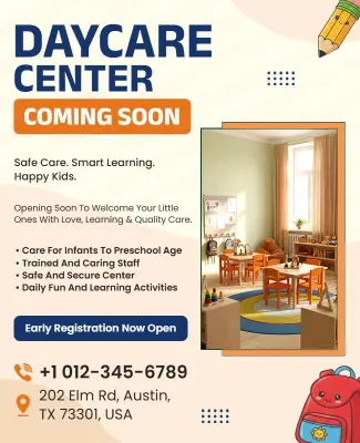 Bright and Cheerful Daycare Center Opening Soon Flyer Template