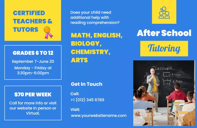 Bright Blue After School Tutoring Services for Grades 6 to 12 Brochure Template
