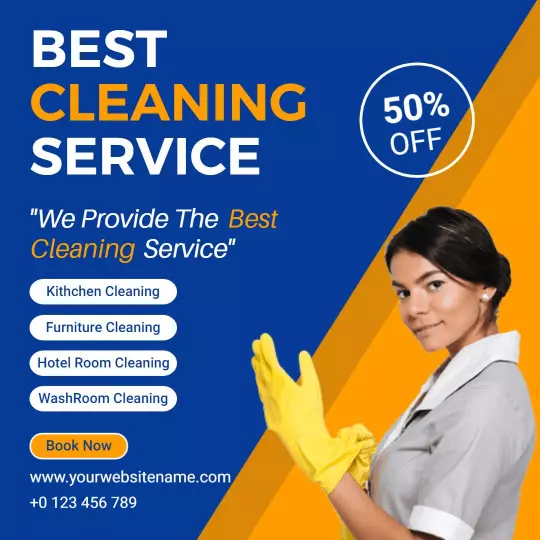 Bright Blue and Orange Cleaning Service with 50% Off Offer Ad Template