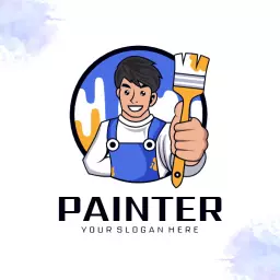 Bright Blue and Yellow Cartoon Painter Holding Brush Logo Template