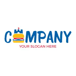 Bright Blue and Yellow Castle-Themed Restaurant Logo Template