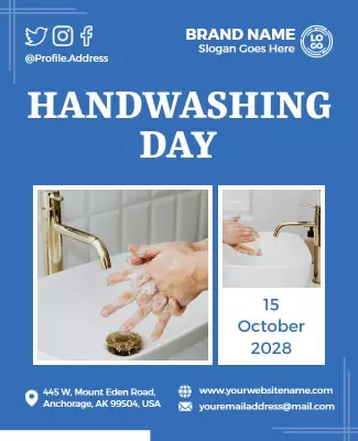 Bright Blue Awareness Handwashing Day Celebration Poster Template