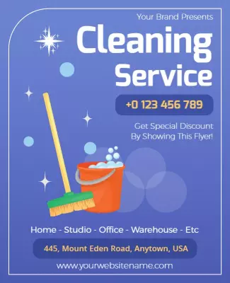 Bright Blue Cleaning Service Offer with Broom and Bucket Poster Template