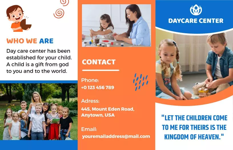 Bright Blue Daycare Center Activities and Contact Brochure Template