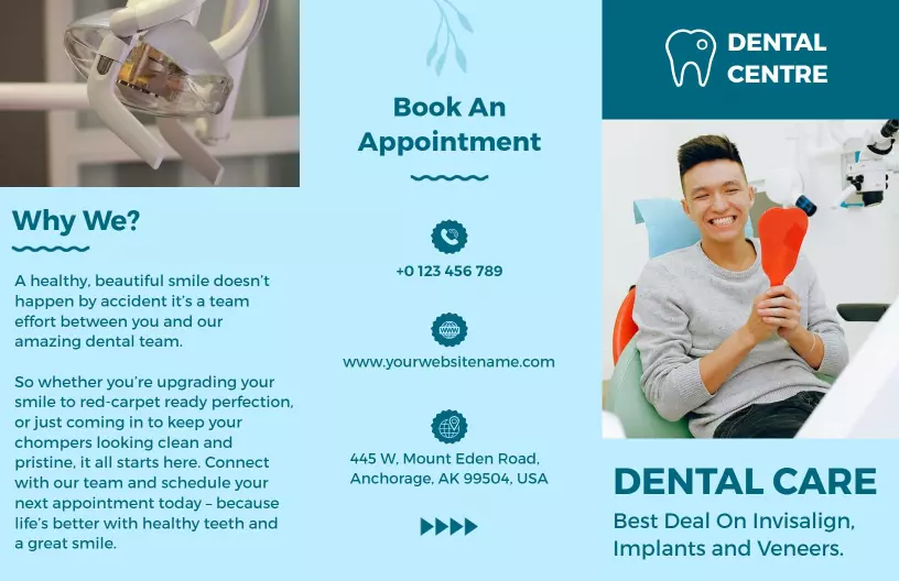 Bright Blue Dental Care Services and Appointment Brochure Template