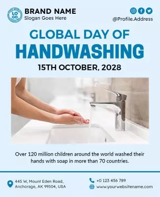 Bright Blue Focus on Global Handwashing Awareness Poster Template