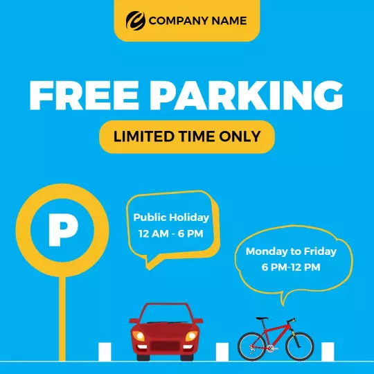 Bright Blue Free Parking Promotion with Vehicle Icons Ad Template