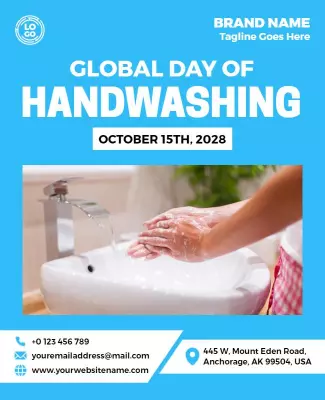 Bright Blue Global Handwashing Awareness Campaign Poster Template