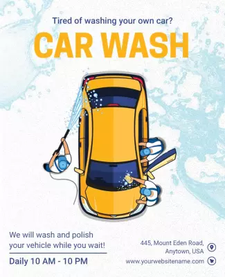 Bright Blue Illustrated Car Wash Service Poster Template