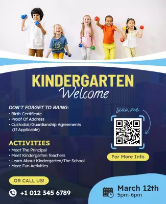 Bright Blue Kindergarten Welcome Enrollment Event Poster Template