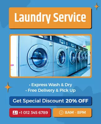Bright Blue Modern Laundry Service Discount Poster Template